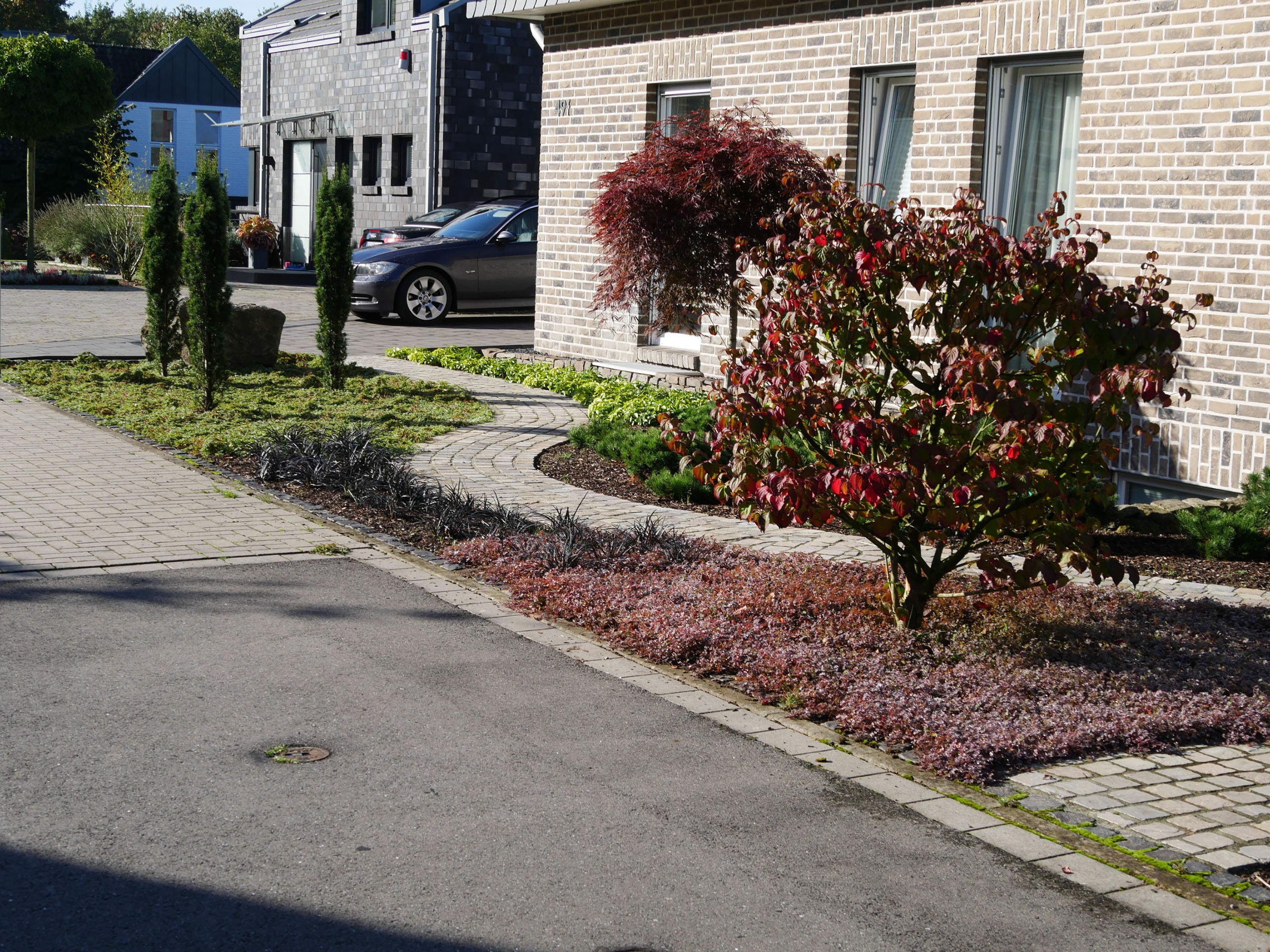 Vorgarten mit Wandelweg Bodendeckern und schoenen Gehoelzen